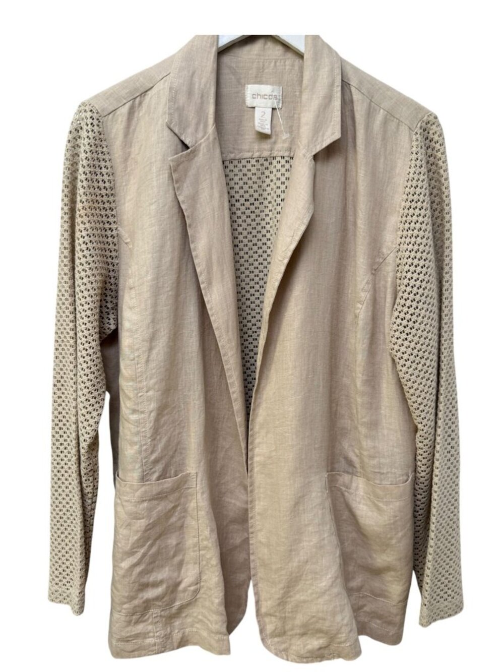 CHICOS Linen Blend Blazer Large Beige Crochet Lace Casual Boho Womens Jacket